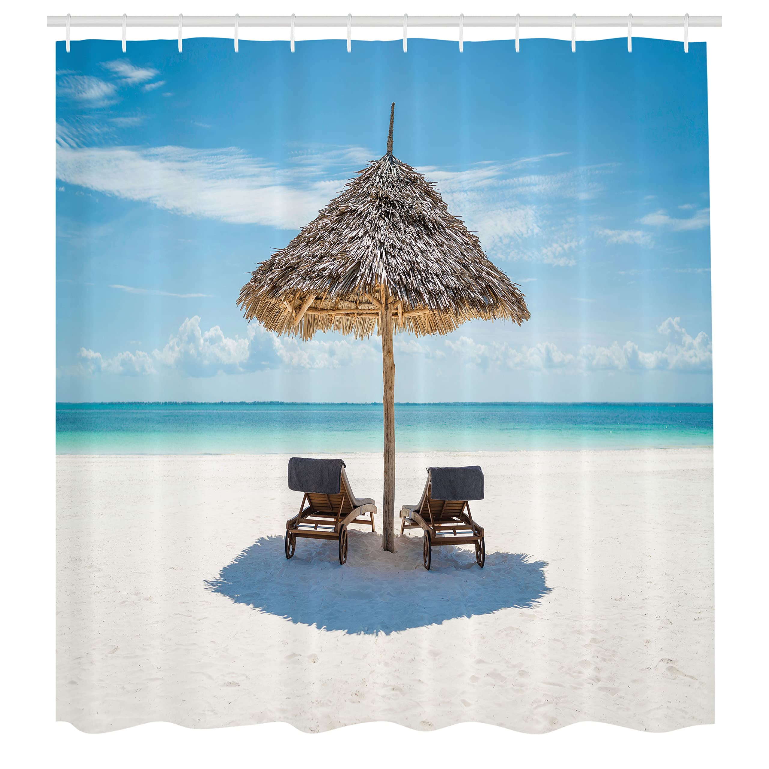 Ambesonne Seaside Shower Curtain, Wooden Sun Loungers Facing Eastern Ocean Under A Thatched Umbrella In Zanzibar, Cloth Fabric B